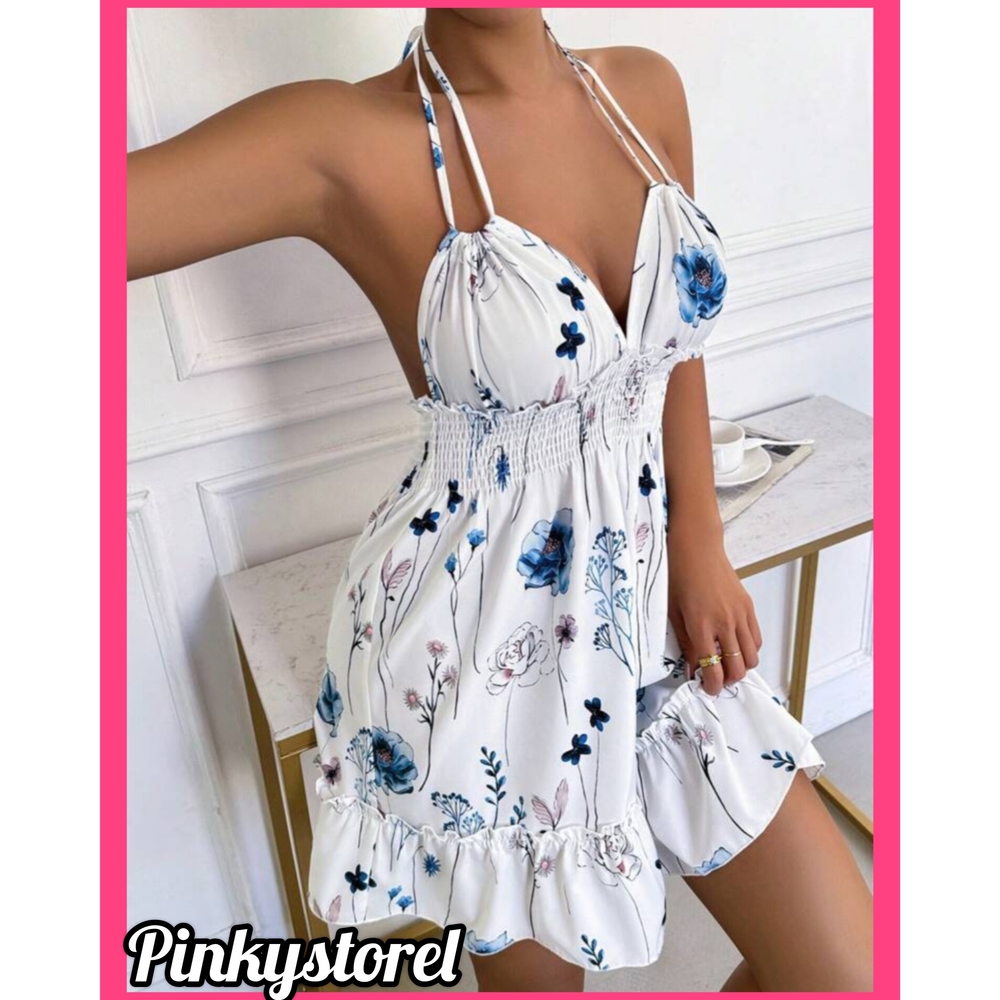 White Floral Halter Dress - Picture 3 of 6